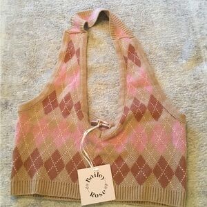 Emily Rose Pink and Tan Argyle Knit Top Size Small